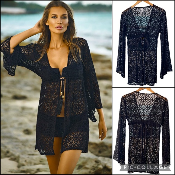 PILYQ Black Floral Lace Open Front Tassel Tie Swim Cover-up